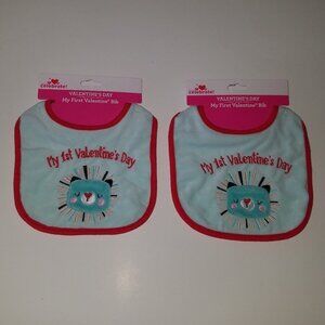 2 NEW My 1st Valentine's Day Blue Bibs Lot Baby Boy Lion? Holiday Gift